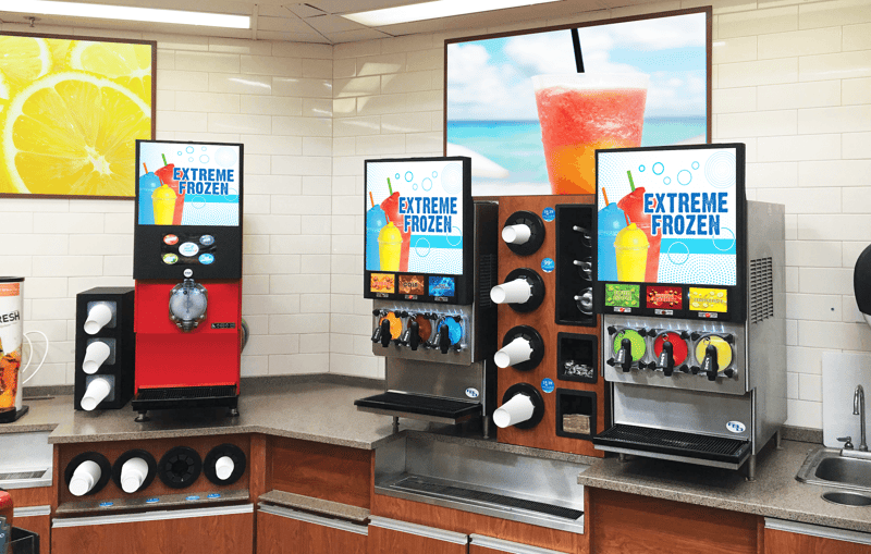 FBD Frozen. Convenience store frozen beverage machines on counter.
